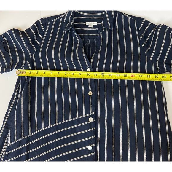 J. Jill Love Linen Navy Blue Striped Shift Dress Pockets Button Front Size Small - Picture 11 of 12